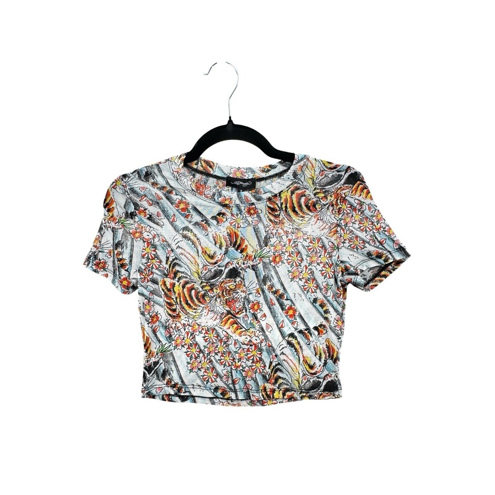 Ed Hardy Tiger Floral Mesh Crop Top NWT Women's Small Y2K Baby Tee Tattoo